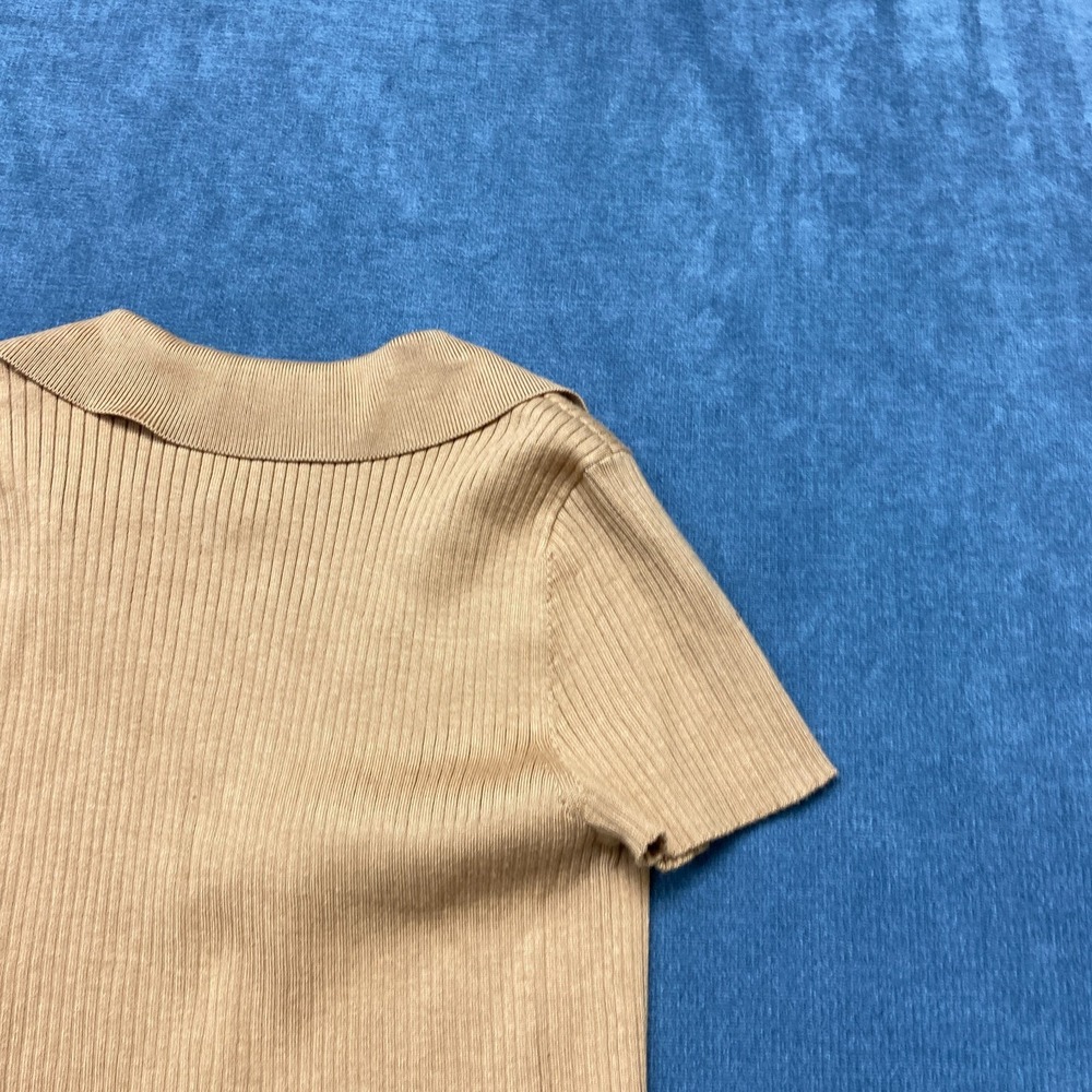 Dkny Jeans Polo Sweater Womens Medium Brown Ribbed Knit V Neck Cap Sleeve Winter - Picture 14 of 15